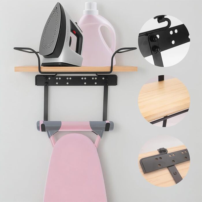 Настінна вішалка для праски та гладильної дошки, органайзер для прасування, дерев'яний підстав, регульовані гачки, для пральні