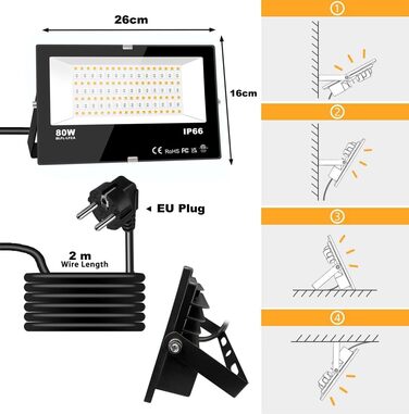 iLC RGB LED Floodlight 80W, RGBW Color Changing Floodlight Equivalent to 800W, 16 Million Colors, Grouping, Timer, 2700K Warm White, Water Protection Rating IP66, Outdoor/Indoor (2-Pack)