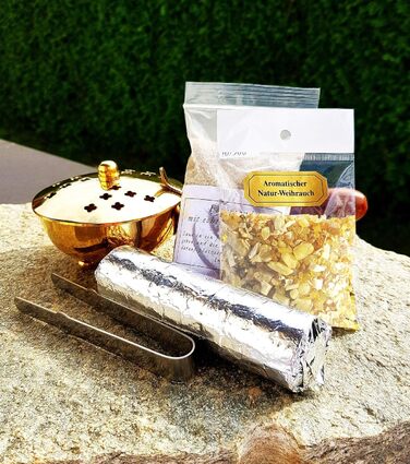 Smoking Pan Set, 5-Piece - Incense Burner for Burning Incense, Resins, including Incense, Charcoal, Sand, Tongs (Gold/Brass)