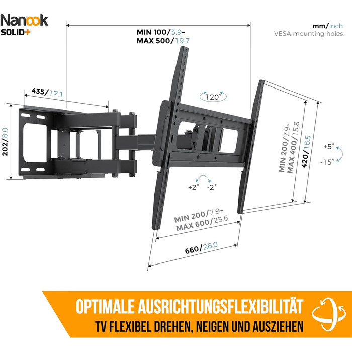 Настінний кронштейн для ТБ Nanook SOLID+ поворотний та нахильний, для телевізорів 40-77 дюймів, VESA 600x400, навантаження до 45 кг, універсальний
