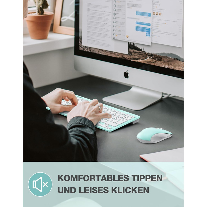 Бездротова клавіатура та миша TECKNET QWERTZ, 2.4 GHz, 15м, тиха, для ПК, ноутбука, Smart TV, білий (зелений)