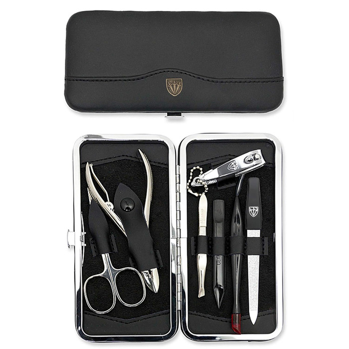 Набір для манікюру Drei Schwertter 'Pesaro' 7 предметів | Чорний шкіряний кейс | Ніж для шкіри, щипці для нігтів, пінцет, алмазна заточка, інструмент 2-в-1, ремувер для кутикули, кусачки для нігтів