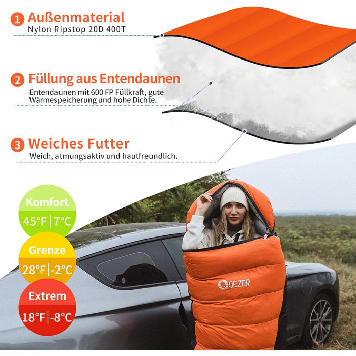 Спальний мішок пуховий зимовий, 600FP+ Premium, 12°C до -24°C, 3-4 сезони, для кемпінгу, трекінгу, походів, оранжевий