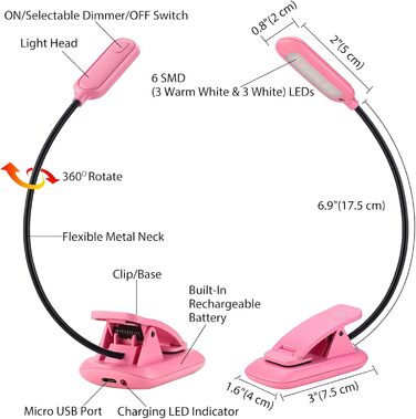 Ліхтарик для читання BIGMONAT з кліпсою, USB, 6 LED, 3 режими яскравості, гнучкий, рожевий