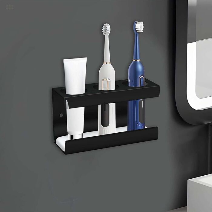 Тримач для електричної зубної щітки, алюмінієвий, без свердління, чорний, 3 слоти