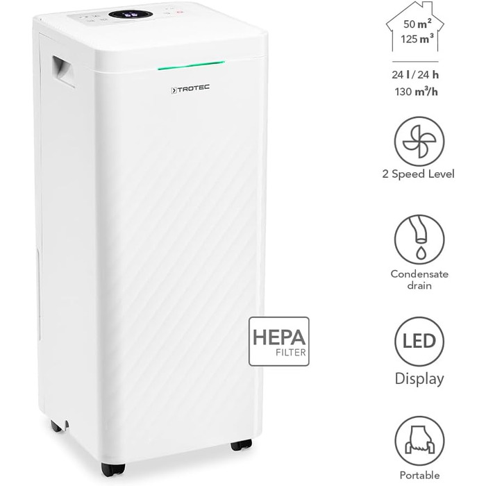 Тотек TTK 70 HEPA (Plus) – Електричний осушувач повітря з HEPA фільтром 20 л/добу, 45 м², 110 м³