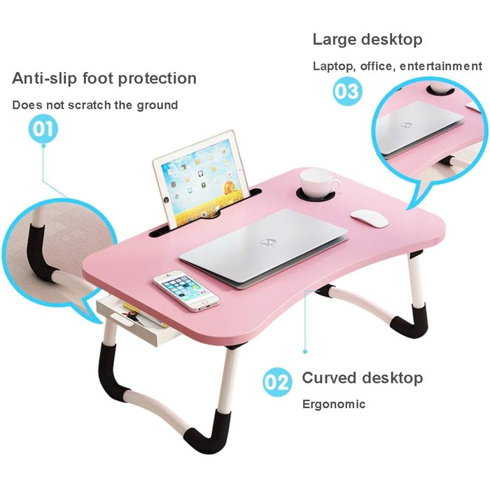 Зручний столик-підставка для ноутбука з ящиком та підстаканником, 59.9 см (23.6 дюймів), рожевий