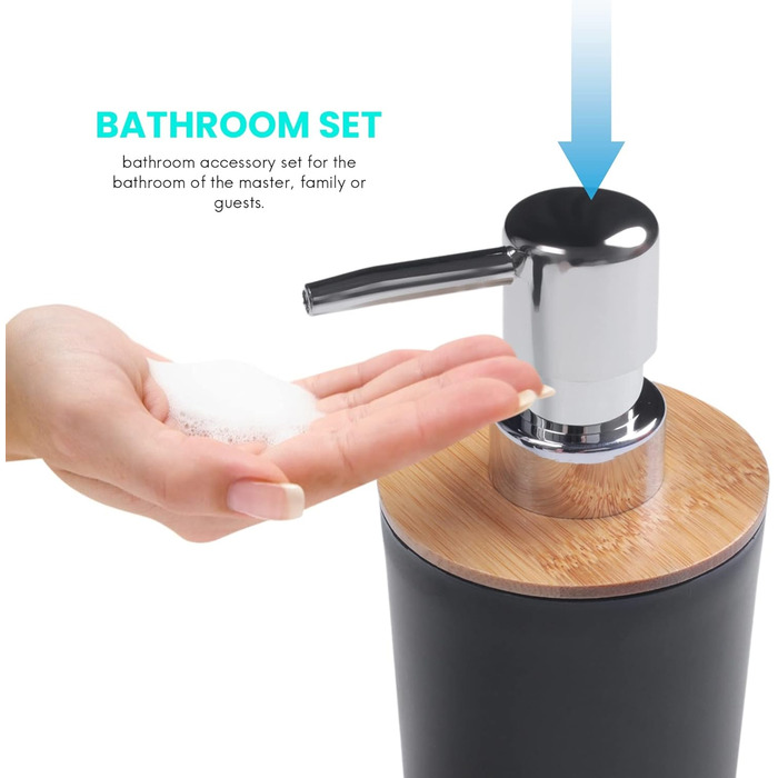 Набір аксесуарів для ванної кімнати з бамбука (6 шт.), чорний: щітка для унітазу, дозатор мила, стаканчик для зубних щіток, мильниця, сміттєвий бачок