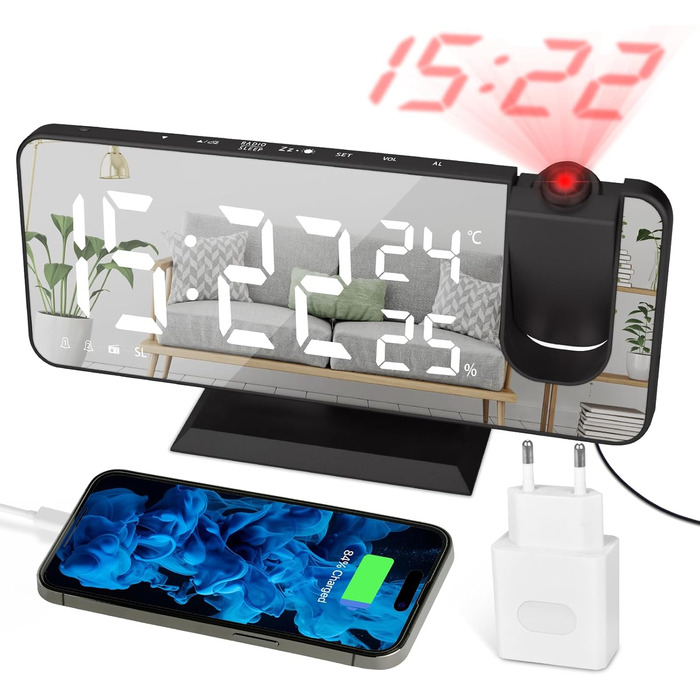 Projection Alarm Clock Digital LED Alarm Clock with Charger, Radio Alarm Clock with USB Charging Port, Dual Alarm Clock, LED Mirror Display, Adjustable Brightness, Temperature and Humidity Display, Black