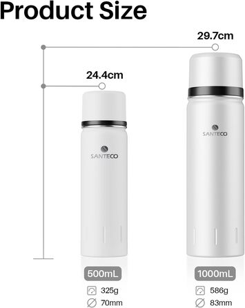 Термос-термокана з нержавіючої сталі SANTECO 1л, 500мл, не протікає, з кришкою-чашкою для подорожей. Термос для кави та чаю для дітей, спорту, без BPA, 24 години холод, 12 годин тепло (білий, 1000 мл)