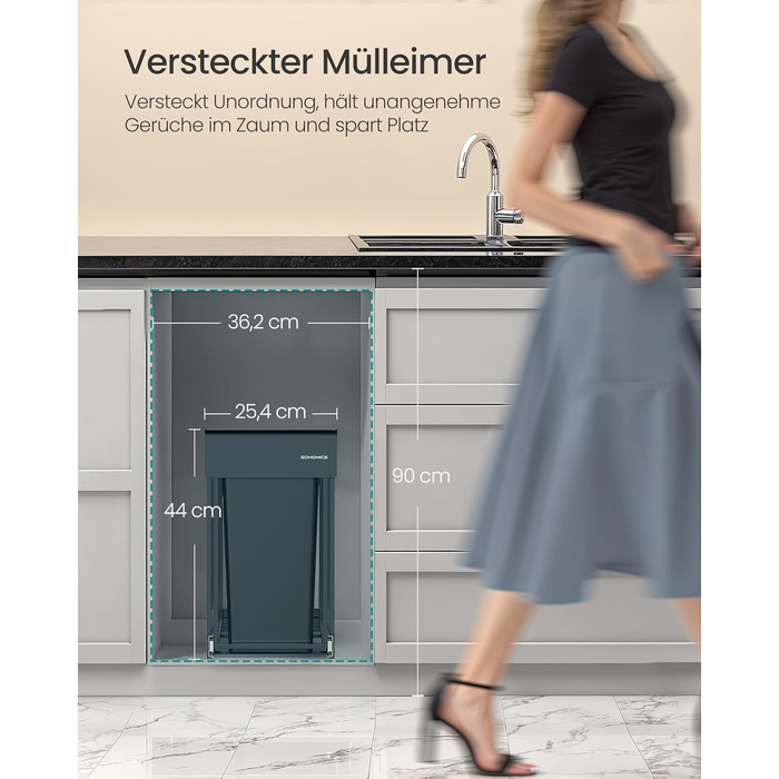 Відро для сміття SONGMICS для кухні з роздільним контейнером, 2 відсіки по 15 л, висувний, сталевий каркас, ABS-кришка (сірий)