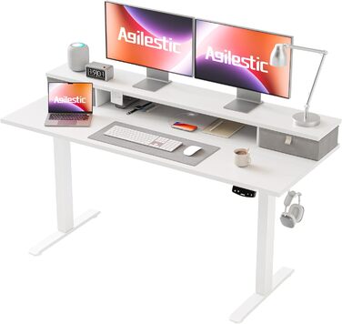 Регульований за висотою стіл Agilestic з 2 висувними ящиками, 140 x 60 см. Електричний, ергономічний стіл для роботи, комп'ютерний стіл, білий