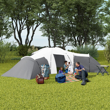 Намет Outsunny Tunnelzelt Campingzelt для 6-9 осіб з 3 спальнями, вітальнею та верандою, водовідштовхування 2000 мм, сірий
