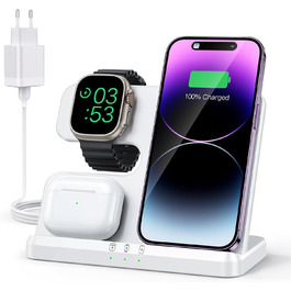 Бездротовий зарядний пристрій JARGOU 3-в-1: для Apple Watch, iPhone та AirPods Pro. Підходить для iPhone 16/15/14/13/12/11 Pro Max, Apple Watch 10/9/Ultra/8/7/6/SE/5/4/3 та AirPods Pro 4/3/2