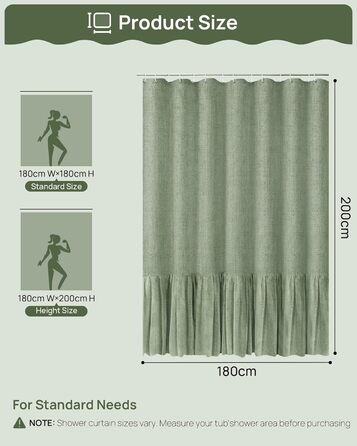 Штора для душу 180x180 см льон, зелена - водонепроникна, з антигрибковим покриттям, з утяжеленим краєм, з кільцями (1 шт)