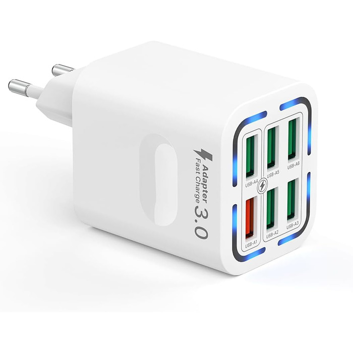 Зарядний пристрій USB 6-портовий, 33W, адаптер з QC 3.0, багатопортовий зарядний пристрій, мережевий адаптер для iPhone 16 15 14 13 12 11 Pro Max, iPad, мобільний телефон, білий