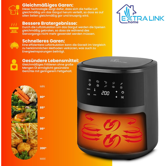 Аерофритюрниця Extralink 4.2L, 1400W з 10 функціями приготування, LED-сенсорний екран, економія енергії, 90% менше жиру
