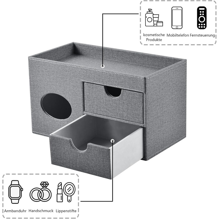Tissue Box Linen with Drawers, Square Cosmetic Tissue Box with Magnetic Closure, Tissue Box with Side Pocket for Mobile Phones, Cosmetic Brushes, Remote Controls, Office Supplies, Perfumes (Gray)