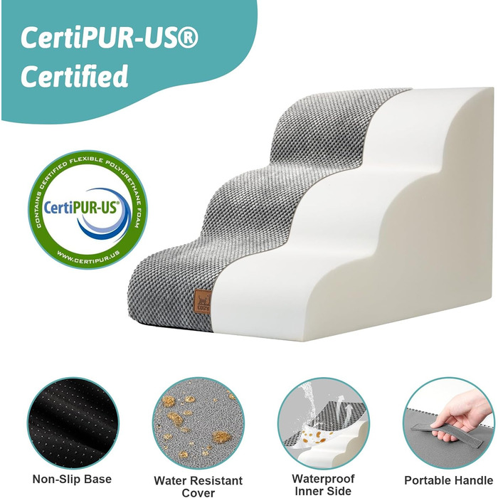 Сходинки для собак маленьких порід 40 см, сходи для домашніх тварин на диван з високощільним губчастим наповнювачем, сходинки для собак з пральною кришкою та неслизьким дном, 40x57x40 см, 3 сходинки