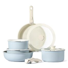 Набір посуду з антипригарним покриттям 11 предметів з знімними ручками. Підходить для індукційних, газових плит, духовки та мийної машини. Без PFAS (блакитний)