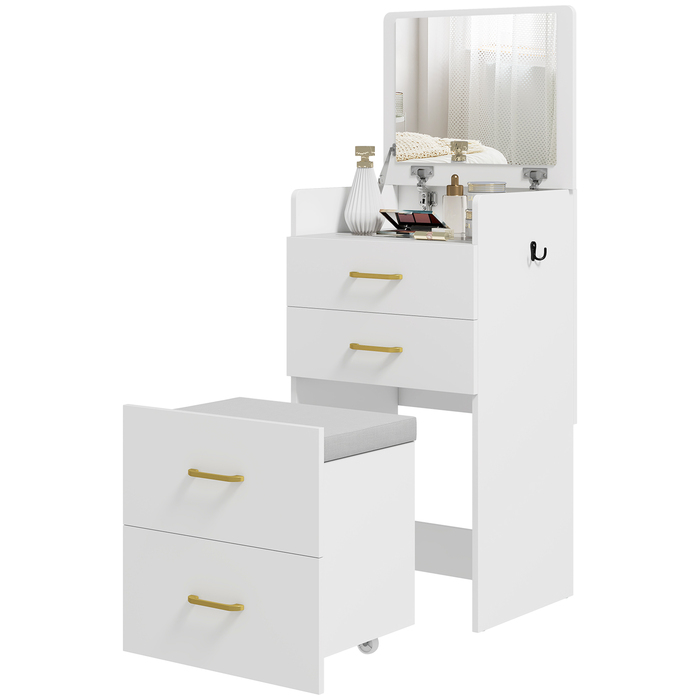 HOMCOM 3-in-1 Vanity Table with Mirror, Nightstand, Rolling Stool, Drawers, White