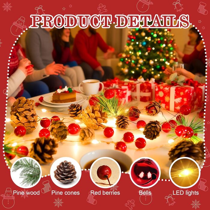 LED гірлянда на ялинку з шишками та червоними ягодами, 2м, 20 LED, тепле біле світло, режим блимання, для прикрашання дому та саду