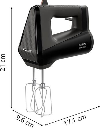 Krups GN6028 3MIX 6000 Hand Mixer | 600 W | Precise Control | Soft-Touch Handle | Long Cord | Practical Speed Control | Includes Whisk and Dough Hook | Black