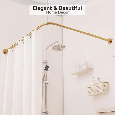 Штанга для душу L-подібної форми, регульована, з кріпленням для гардини та опорою для верхньої частини, для ванни/ванної кімнати, монтаж на свердління (Золото, 100-175см x 140-214см)