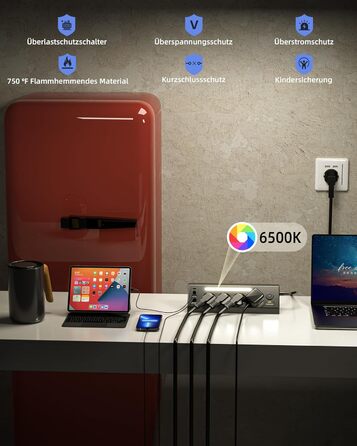 Кутова мережева розетка з USB та 2 Type-C, 4 слоти, з вимикачем, захист від перенапруги, LED, кабель 1.8м