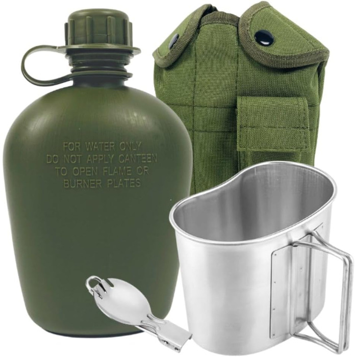 Military Mess Kit, Aluminum Cup Set with Lid and Folding Stainless Steel Spoon/Fork for Hiking Camping, 1 Quart Green