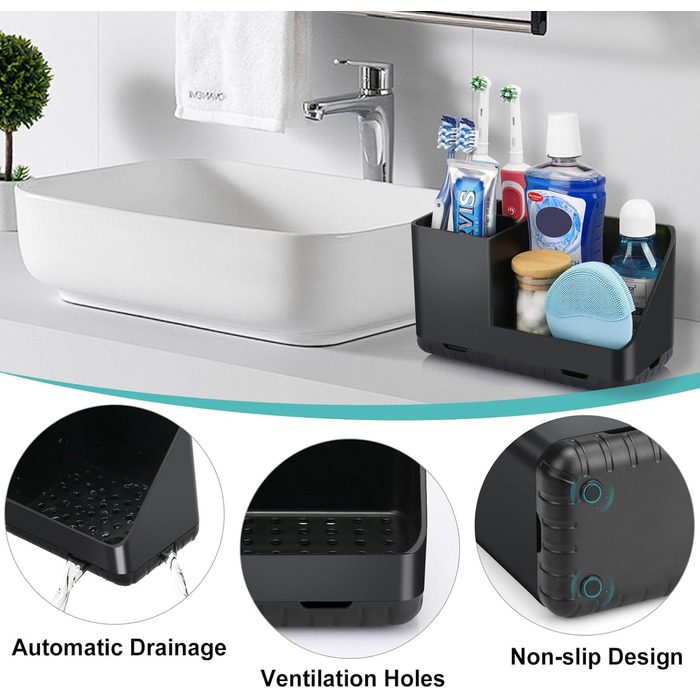 Тримач для зубних щіток у ванну кімнату: органайзер для електричної та звичайної зубної щітки з отвором для стоку води (сірий, чорний)