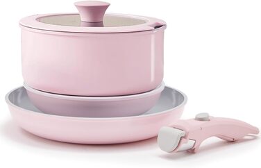 Набір посуду з кераміки 9 шт: сковороди та каструлі з антипригарним покриттям, Induktion та духовка, без PTFE та PFOA, кремовий (5 шт) рожевий