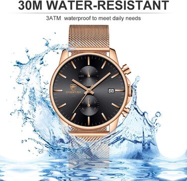 Чоловічий годинник на браслеті Mesh, кварц, аналоговий, чорний, з нержавіючої сталі, водонепроникний, хронограф, автоматична дата, Rose-gold (Рожеве золото)