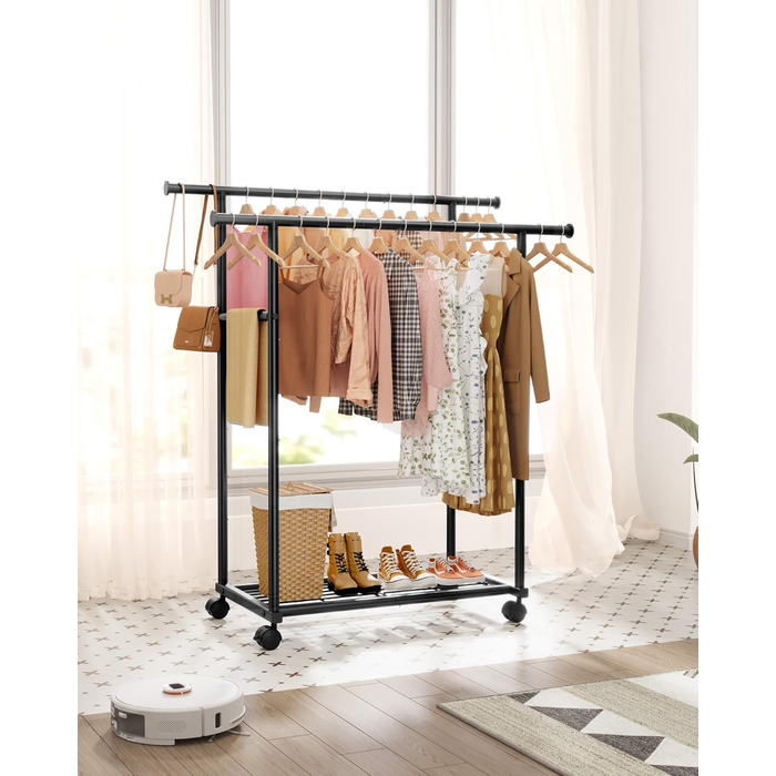 Стійка для одягу на колесах з подвійною перекладиною та сітчастим дном, 98 x 42 x 150 см, Чорний
