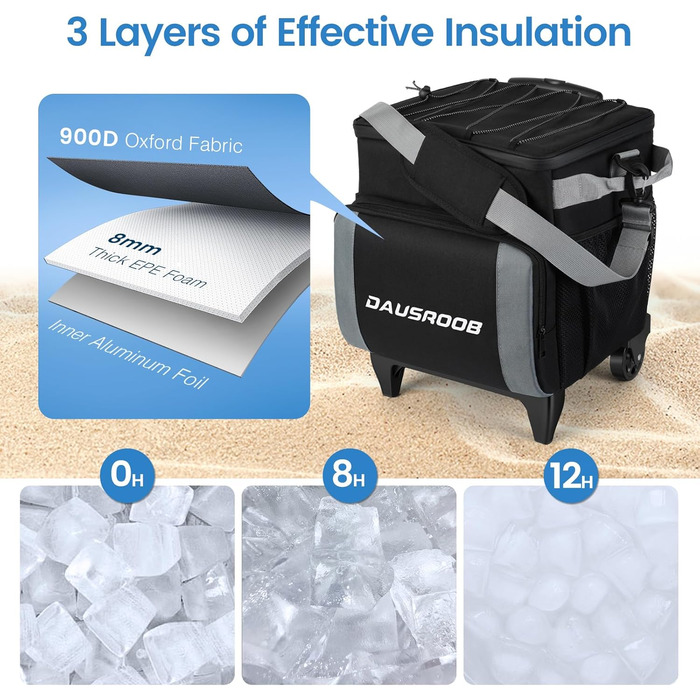 Ізольований холодильник на колесах 48 літрів для пікніка, кемпінгу, риболовлі, пляжу - сірий/чорний