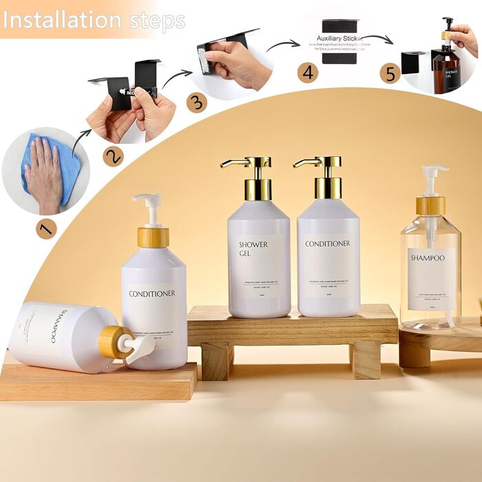 Настінний диспенсер для мила 3 шт, 500 мл, набір для душу та шампуню, чорний без свердління для кухні та ванної кімнати (прозора пляшка + білий бамбуковий ковпачок)