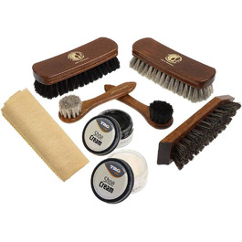 Premium Rosshaar Shoe Brush Shoe Care Set - 2 x Extra-Large Polishing Brushes - 2 x Rosshaar Application Brushes - 2 x Brand-Name Shoe Cream - Coconut Fiber Dirt Brush - Shoe Care Made in Germany