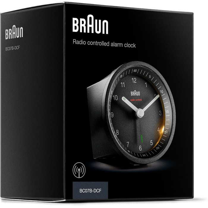 Classic analog radio alarm clock by Braun for the Central European Time Zone (CET/GMT+1) with snooze function and light, quiet movement, crescendo alarm in black, model BC07B-DCF