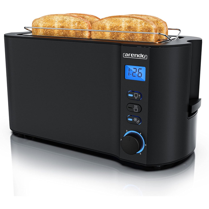 Тостер Arendo з нержавіючої сталі з 4 широкими слотами, подвійними стінками, тримачем для булочок, 6 ступенів підсмажування, центровкою хліба, автоматичним вимкненням та дисплеєм з індикатором часу (чорний)
