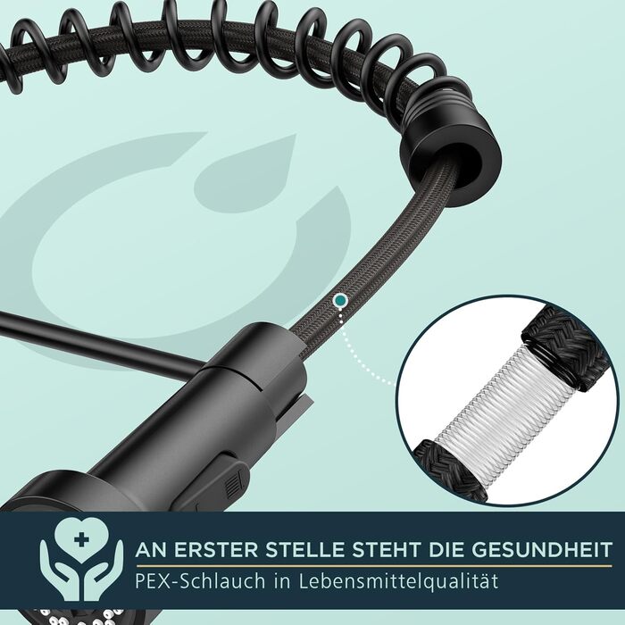 Змішувач для кухні FORIOUS висувний з душем, одноleverний, чорний мат, 360° обертання