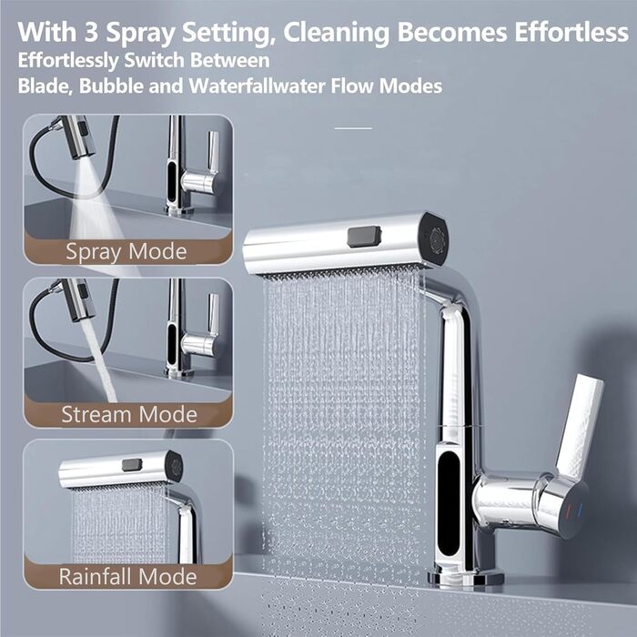 Кран кухонний з витяжною лійкою, 3 режими, LED-індикатор температури, однорідний змішувач, поворот на 360°, кран для мийки, кран кухонний, високий тиск, регульована висота (хром)