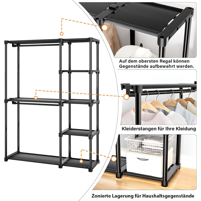 Відкритий шафа для одягу Mavivegue з 4 полицями та вішалкою, чорний - 40x121x161 см