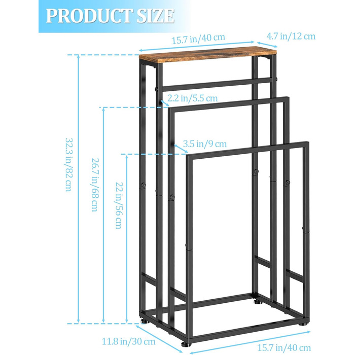 Підставка для рушників стояча, 3-ярусна з полицею з дерева, металева, з регульованими ніжками, для ванної кімнати та спальні, 40x30x82 см (колір: коричневий)
