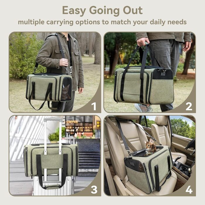 Транспортна сумка для кота Petsfit, схвалена авіаперевізниками, розширювана, зелена, розмір S, 41x25x23 см