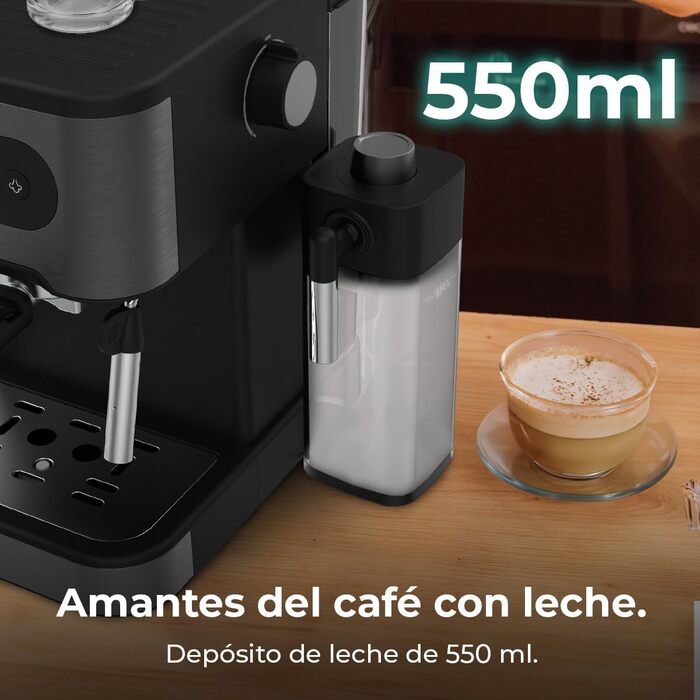 Кавоварка Cecotec Power Espresso 20 Pro Latte, 20 Бар, парова насадка, дисплей з кнопками, резервуар для води 1,5 л, резервуар для молока 550 мл, для еспресо та капучино