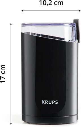 Кавомолка та млинок для спецій Krups F20342, 75 г, потужний мотор, регульований помел, нержавіюча сталь, захисна кришка, антиковзкі ніжки, чорний
