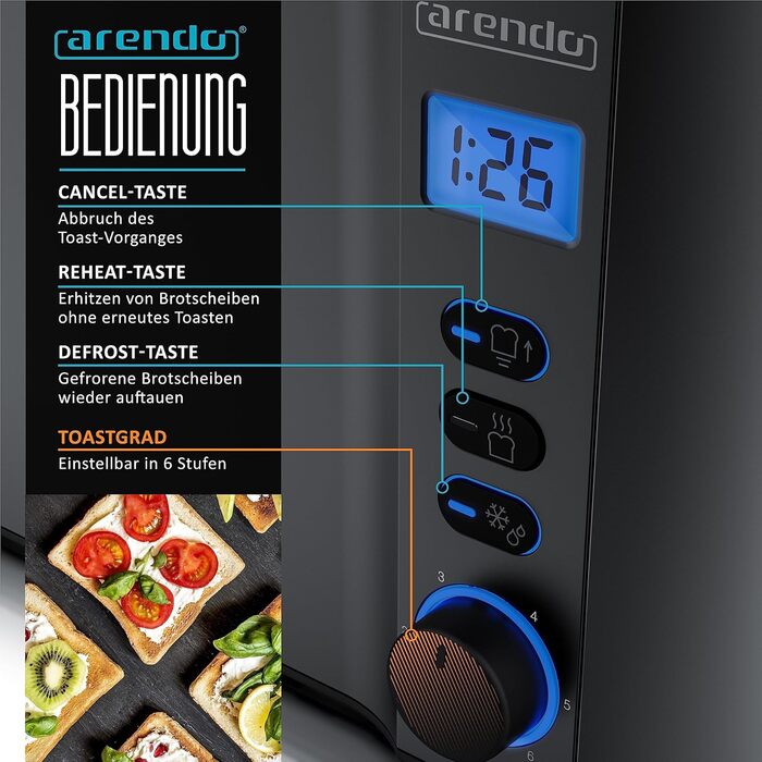 Тостер Arendo з нержавіючої сталі з 4 широкими слотами, подвійні стінки, вбудований тримач для булочок, 6 ступенів підсмажування, центрування хліба, автоматичне відключення, дисплей з відображенням часу (A: Cool Grey)