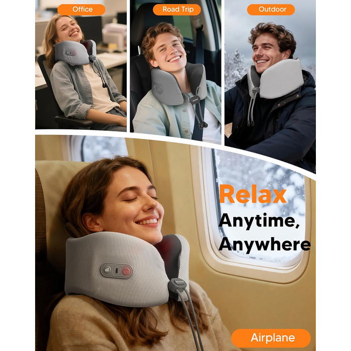 Подушка для шиї Arboleaf з підігрівом для подорожей: Memory Foam, USB-C зарядка, ергономіка 360°, проти болю в шиї, сіра