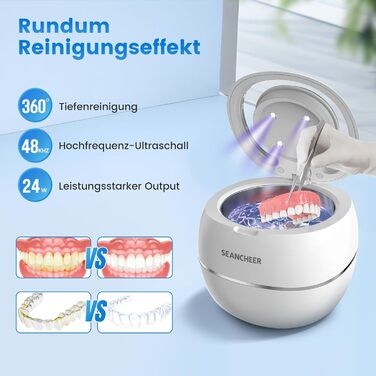 Ультразвукова мийка 48000 Гц з УФ-лампою | 24W | 180 мл | Ультразвуковий очисник для зубних протезів, ретейнерів, ювелірних виробів (Білий) Арктичний білий