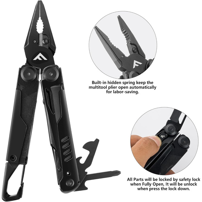 Мультитул FLISSA 15-в-1: ніж, пилка, ножиці, мультиінструмент для туризму, риболовлі та ремонту, з карабіном та чохлом, нержавіюча сталь